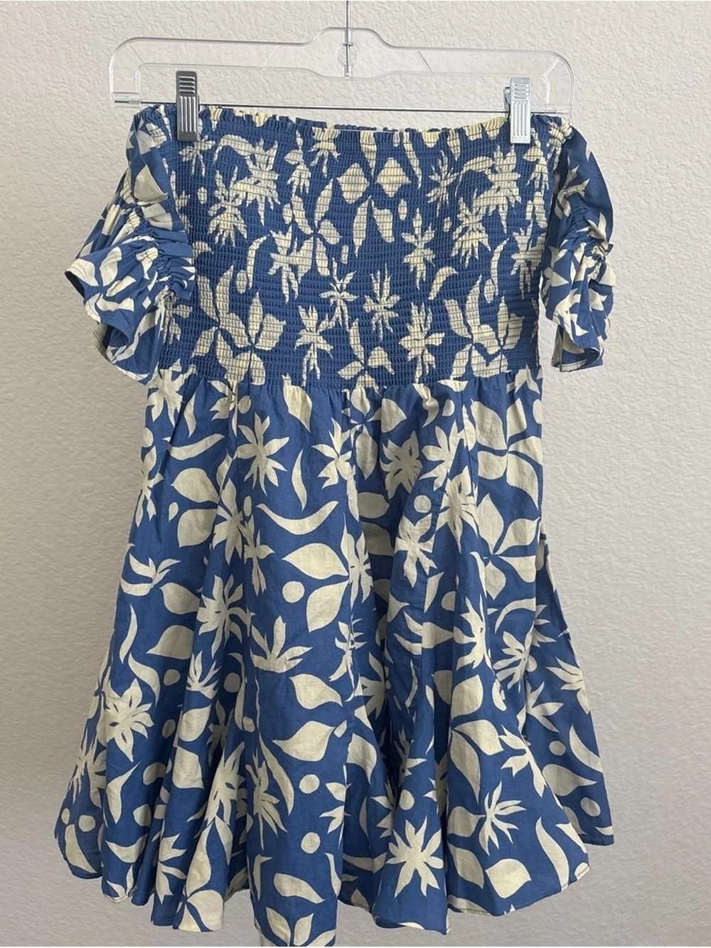 Zara Blue and Cream Floral Off-Shoulder Prom Dress